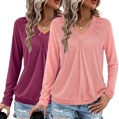 AIZHINENG 2 Pack Women Tops Long Sleeve Shirts V Neck Ruched Basic Top