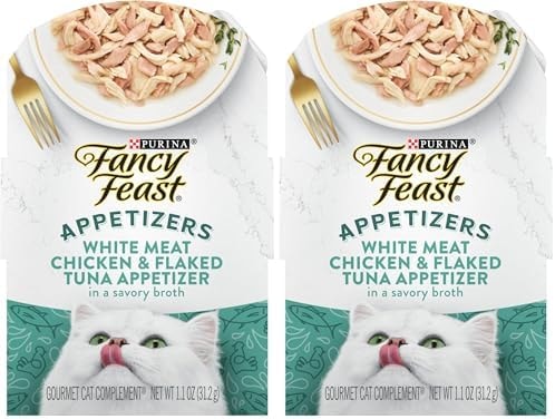 Fancy Feast Purina Appetizers Lickable Grain Free Wet Cat Food Topper White Meat Chicken and Flaked Tuna Appetizer - 1.1 oz. Trays,(Pack of 20)