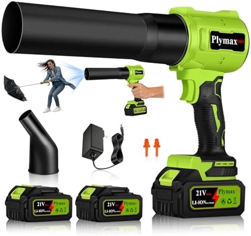 Plymax Cordless Leaf Blower, 800,000 RPM Electric Leaf Blower, Handheld Leaf Blower Cordless with 2×4.0Ah Batteries & Charger,Air Blower with 2-Speed Nozzles for Patio,Lawn Care,Dust,Snow & Car Drying