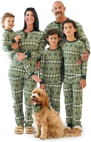 Butterblu Matching Family Jammies Holiday Pajamas Organic Cotton PJs Adults, Kids, Toddlers, Baby, Pets, Nordic Fair Isle Green, 10 Years