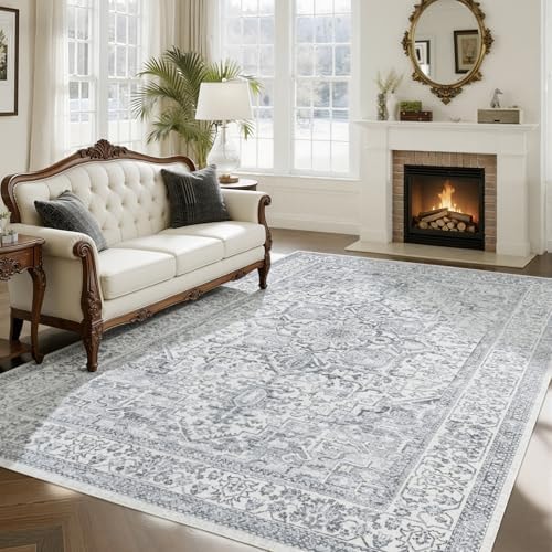 UKISS Washable Area Rugs，8'x10' Ultra-Soft Faux Silk Vintage Rug, Large Low-Pile Rugs for Living Room ， Non-Slip & Non-Shedding Large Carpets for Home/Office Decor Blue