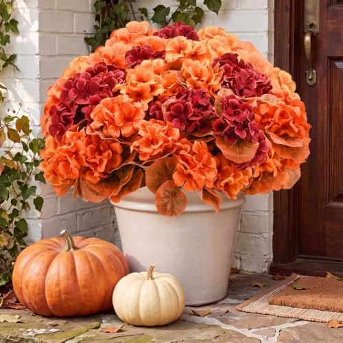 PABREY 12Pcs Fall Artificial Flowers for Outdoors UV Resistant, Faux Geraniums Fake Fall Flowers Plants Fall Decor for Home Front Porch Patio Balcony Yard Outdoor Planters, Mixed Colors
