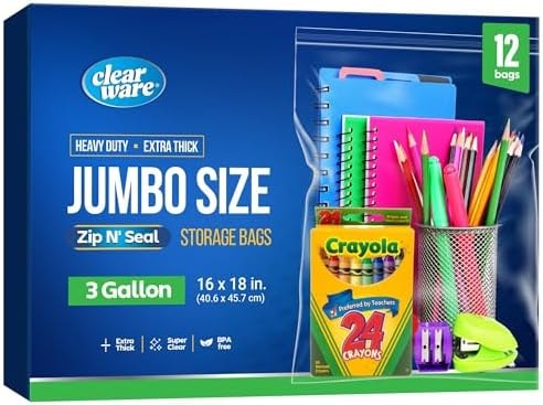 12 Large Storage Bags With Zipper Top - 3 Gallon Size, 16" x 18", Extra Large Plastic for Clothes, Travel, Moving, Large Reusable freezer bags, BPA-Free, 2-mil Thick