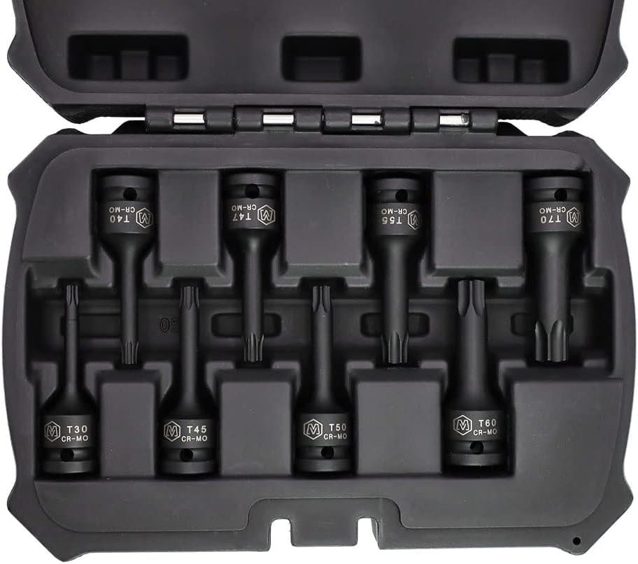 MichaelPro MP005029 8Pc 1/2” Drive Torx Driver Bit Socket Set, T30 to T70, Impact Grade CR-Mo | Sturdy Storage Case Included