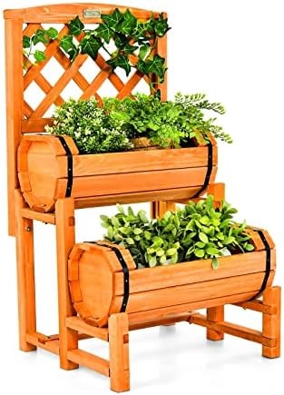HAPPYGRILL Raised Garden Bed, 2-Tier Planter with Trellis & 2 Planter Boxes for Climbing Plants Flower Herb Growing, Indoor & Outdoor Planter Raised Bed for Yard Patio