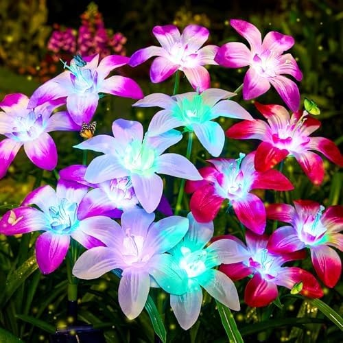 Ahaorigin Solar Garden Lights Outdoor, 4 Pack Blooming Lily Solar Flowers Outdoor Waterproof, 7 Color Changing Bigger Flower Lights for Yard Patio Decor, Gift for Mom