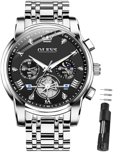 OLEVS Men Silver Watch Black Face Luxury Waterproof Large Dress Chronograph