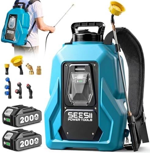 SEESII Backpack Sprayer Battery Powered, Leak-Proof 5-Gallon, Dual Battery Electric Sprayer with Telescopic Brass Wand & 7 Nozzles, 100 PSI Adjustable Pressure for Weed Lawn Garden Pest Control