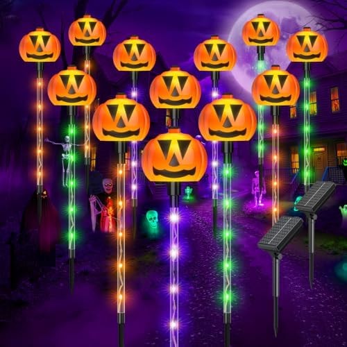 12 Pack Halloween Outdoor Decorations Solar Pathway Stake Pumpkin Lights