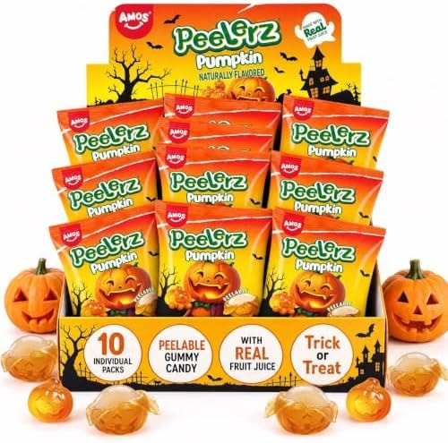AMOS Peelerz Pumpkin Gummy, 8.47 oz (240g), Peelable Halloween Candy, Halloween Gummies, 10 Individual Packs for Trick or Treat & Parties