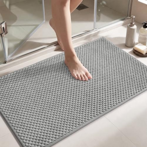 RESARE Bath Mat-Super Absorbent Chenille Bathroom Rugs Thin-Rubber Backed Bath Mats for Bathroom Non Slip, Machine Washable,Low Pile Bath Rugs Front of Bathtub,Shower Room,Sink-17"x27" Grey
