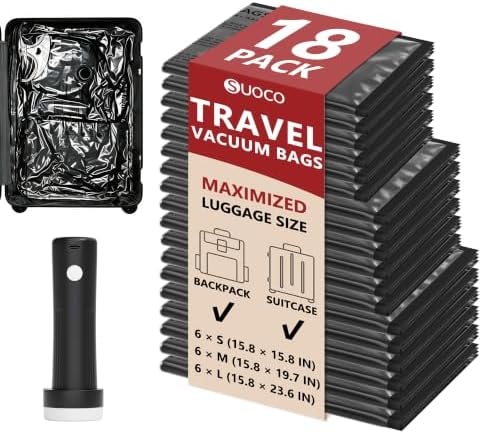 Travel Vacuum Bags for Clothing with Cordless Pump 18 Combo, Black