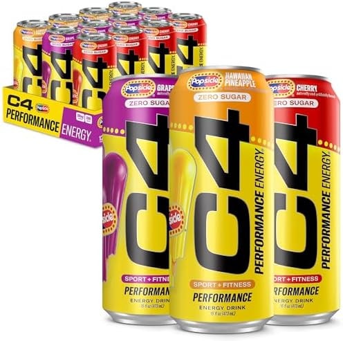 C4 Energy Drink x Popsicle Variety Pack, Carbonated Sugar Free Pre Workout Performance Drink with no Artificial Colors or Dyes, 3 Flavors - Grape, Hawaiian Pineapple, and Cherry, 16 Oz, Pack of 12