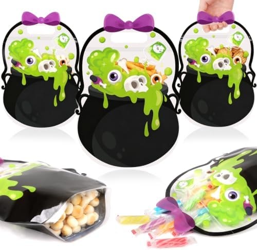 CCINEE 25 Packs Halloween Goodie Bags Bulk, 3D Halloween Treat Bags with Handle Ziplock Closure Sealable Black Cauldron Candy Favor Bag for School Classroom Trick or Treat Gift Exchange