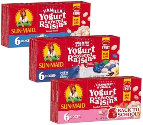 Sun-Maid Yogurt Coated Raisins 3 Flavor Snack Pack Bundle - 1 oz, 6 Snack-Size Boxes per Flavor - Vanilla, Blueberry, and Strawberry Yogurt Covered Dried Fruit Snack for Lunches and Snacks