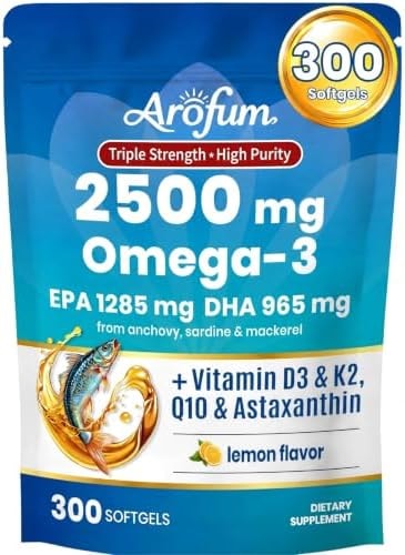 Omega-3 Fish Oil Supplement with Vitamin D3 K2, 300 Softgels, Lemon Flavor
