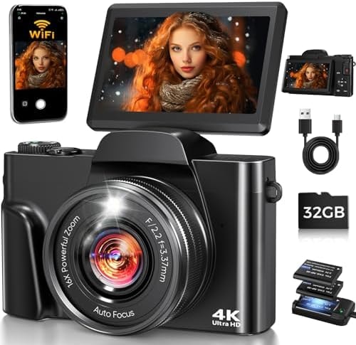 4K Digital Camera WiFi 180° Flip Screen Autofocus 64MP 16X Zoom, Black