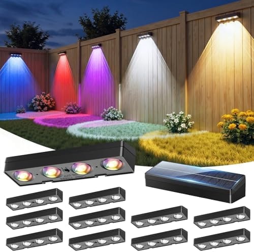 JOFIOS Fence Lights Solar Powered 12 Pack, Warm White, Cool White and RGB Color Glow LED Solar Lights Outdoor, IP65 Waterproof Solar Fence Lights for Patio, Backyard, Railing, Deck and Wall