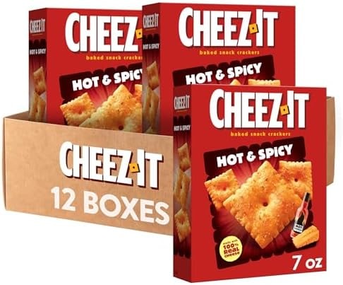 Cheez-It Cheese Crackers, Baked Snack Crackers, Office and Kids Snacks, Hot and Spicy, 5.25lb Case (12 Boxes)