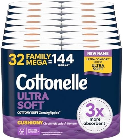 Cottonelle Ultra Soft Toilet Paper, 32 Family Mega Rolls=144 Regular Rolls