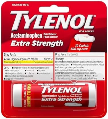 Tylenol Extra Strength 500 mg Acetaminophen Caplets, Pain Reliever & Fever Reducer, Acetaminophen for Minor Arthritis Pain, Headache, Backache & Toothache, Travel Size, 10 ct