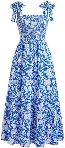 Kate Kasin Summer Womens Floral Boho Maxi Dress, Spaghetti Tie Strap Long Sun Dresses, 2026 Vacation Beach Smocked Sundresses