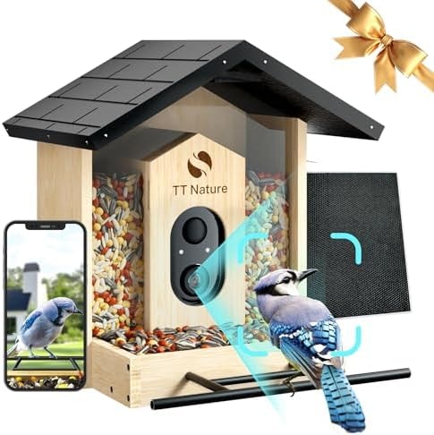 TT Nature Bird Feeder with Camera Solar Powered, Upgraded 1.5L Smart Bird Feeder Camera for Bird Watching, Auto Capture & Instant Real-time Notifications, Ideal Gift for Bird Lovers