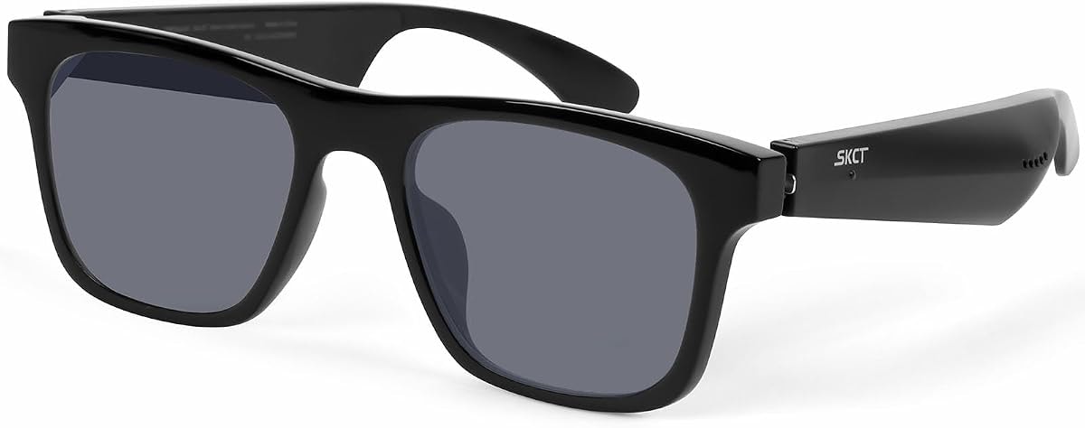 SKCT Smart Glasses, Black with 3 styles of Switchable Lenses, Bluetooth Audio, Hands Free Calling, Open Air Audio, Auto On/Off, Black and Blue Polarized lenses and Clear Anti Blue Light lens included