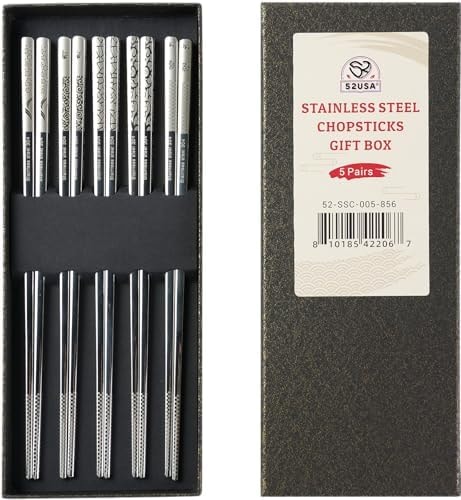 52USA Stainless Steel Chopsticks Reusable Gift Set, 5 Pairs–Lightweight 304 Stainless Steel Metal Chopsticks,Dishwasher Safe, Non-Slip, 9 in/22.9cm,Japanese Korean Chop Stick Ideal for Sushi, Noodles