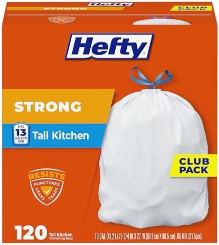 Hefty Strong White 13 Gallon Trash Bags with Drawstrings, Unscented Tall Kitchen Trash Bags, Resists Leaks, Punctures, and Tears, Durable Closure, 120 Ct.