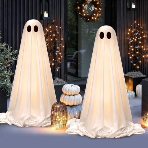 Halloween Decorations Outdoor Indoor, 2 Pack Light Up Cute Ghost Decoration, Spooky DIY Standing Decor Set with Small Accessories for Front Yards, Gardens, Porch, Lawn and Party
