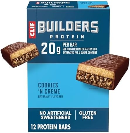 CLIF BUILDERS Protein Bars - Cookies 'n Cream Flavor - 20g Plant Based Protein - Gluten Free - Non-GMO - Low Glycemic - No Artificial Sweeteners - 2.4 oz. (12 Pack)