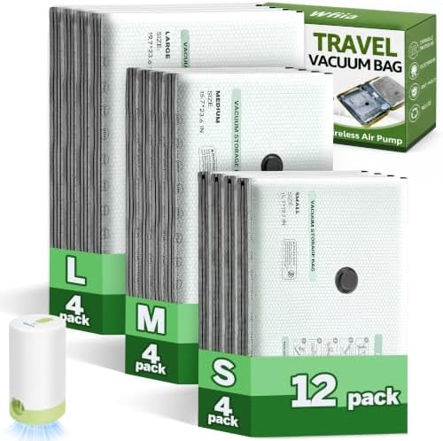 12 Packs Vacuum Bags for Travel with Rechargeable air Pump, 3 Sizes Vacuum Seal Bags for Clothing, Space-Saving Compression Storage Bags for Travel & Closet Organization