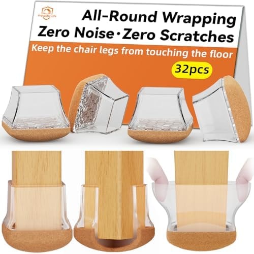 32pcs Chair Leg Floor Protectors for Hardwood Floor |Protect Wood Tile Floors Chair Leg Caps with Wrapped Felt Pads| Anti-Scratch Reduce Noise |Fit Angled Chair Legs| Clear Square XL Fit:1.4"-1.75"
