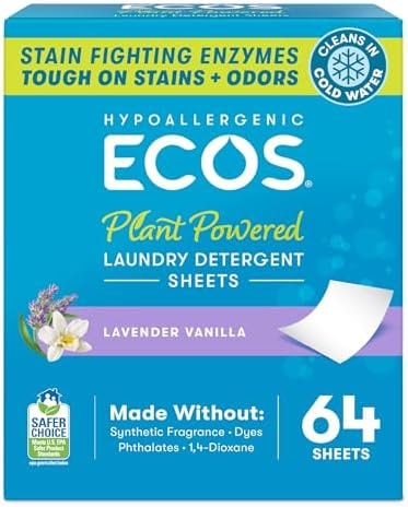 ECOS Laundry Detergent Sheets Vegan, No Plastic Jug, No Mess, Liquid Free - Hypoallergenic, Plant Powered Laundry Detergent Sheet - Lavender Vanilla - 64 Count (Pack of 1)