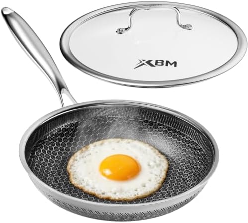 XBM Nonstick Frying Pan with Lid 7-Inch, Durable Stainless Steel Skillet, Induction Cooktop Compatible, PFOA-Free Scratch-Proof, Dishwasher & Oven Safe, Stay-Cool Handle, Silver Kitchen Cookware