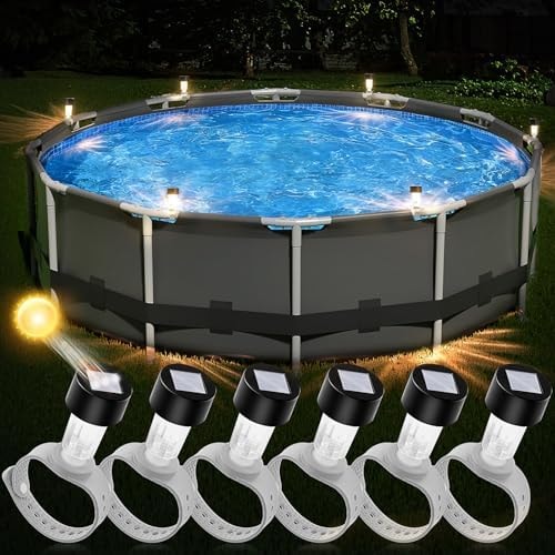 BITIWEND Solar Pool Lights for Above Ground Pools, Pool Frame Lights with Adjustable Straps (Max 2.3"), Waterproof Dusk to Dawn Warm White LED Lights, 6 Pack
