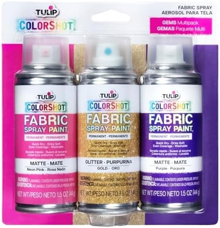 TULIP ColorShot Fabric Spray Paint, 3 Pack Jewel Tone Gem Colors Neon Pink, Glitter Gold, Purple