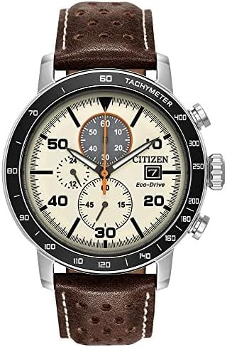 Citizen Men's Eco-Drive Weekender Brycen Chronograph Watch in Stainless Steel, Brown Leather Strap, Ivory Dial (Model: CA0649-06X)