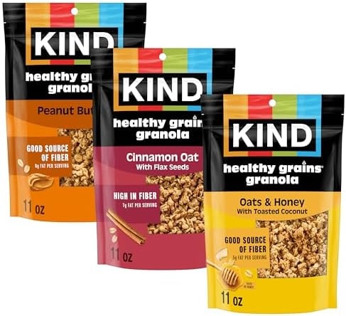 Kind Healthy Grains Granola Variety Pack, Gluten Free, Healthy Snack Mix, Peanut Butter, Cinnamon Oat, Oats & Honey, 5-10g Protein, 11oz, 3 Count