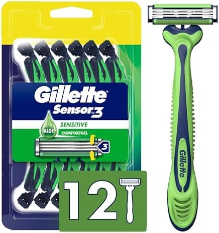 Gillette Sensor3 Sensitive Men's Disposable Razor, 12 Razors (Pack of 6)