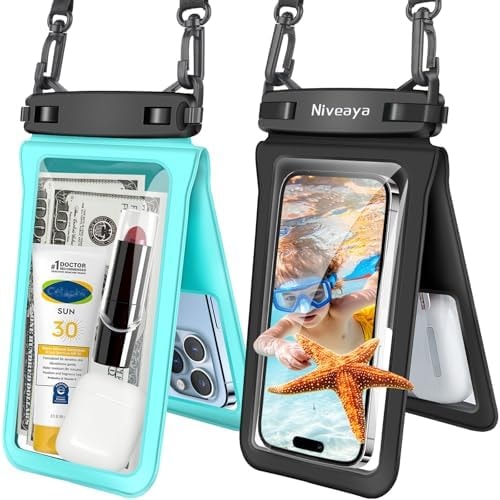 Niveaya Double Space Waterproof Phone Pouch - 2 Pack, Waterproof Phone Lanyard Case with iPhone 17/16/15/14/13 Pro Max up to 8.3", Phone Dry Bags for Vacation Beach Pool Kayak Cruise Travel Essentials