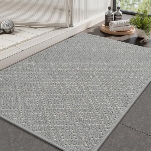 AMOAMI Thin Bath Mat, Super Absorbent Bath Mats for Bathroom, Quick Dry Rubber Backed Bath Rug Non Slip, Chenille Surface Thin Bathroom Rugs Fit Under Door,Low Pile Shower Rug,Grey,17" x 28"