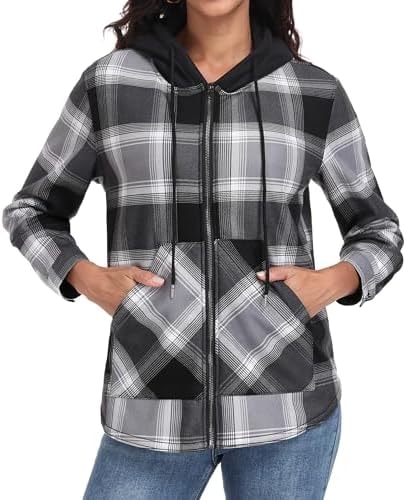 Lepunuo Women's Plaid Shacket Jacket Long Sleeve Full-Zip Fleece Hooded Jackets Warm Coat with Pocket Black Gray