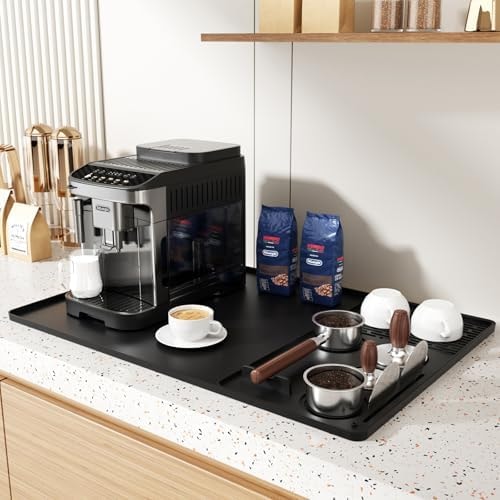 TOMSHUB Silicone Coffee Mat 24''x16'' – Bar Mat with Detachable Dish Drying Mat & Built-in Tamper Storage – Spill Proof, Heat Resistant, Non Slip – Fits Under Coffee Maker, Espresso Machine, Dish Rack