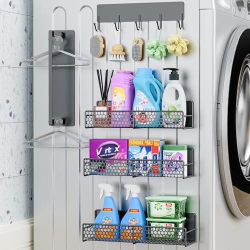 JulktLli 5 Pack Multifunctional Magnetic Shelves for Washing Machine & Refrigerator - Heavy Duty Laundry Room Organization System with Tool Hooks, Metal Storage Baskets (Grey)