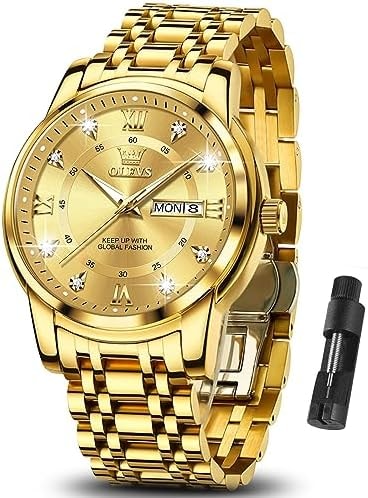 OLEVS Gold Watches for Men Luxury Waterproof Stainless Steel Day and Date