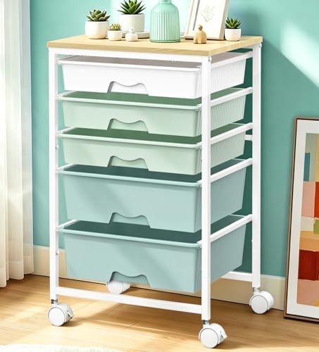 SUNALLY Rolling Carts with 5 Drawers, Storage Drawer Carts for Craft, Green