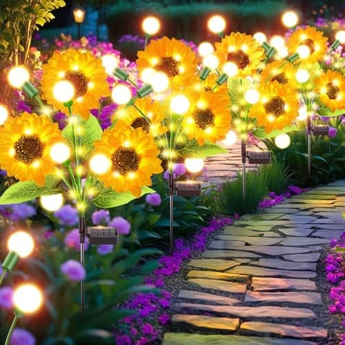 Garpar Solar Garden Lights Outdoor, 4 Pack Sunflowers with Firefly Lights