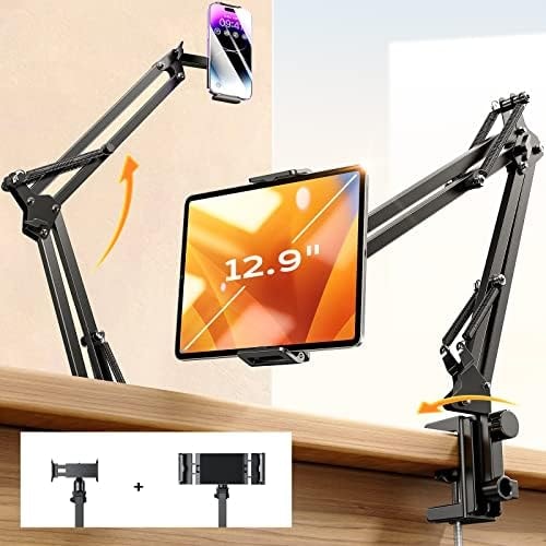 LISEN Tablet Stand iPad Stand for Desk Mount [Ultra Sturdy 2 Clamps] iPad Holder for Tablet Holder Mount Desk Accessories for Men fits iPad Air, iPad 12, iPhone 17e, 4-13" Device (Black)